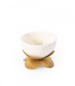 White Marble Bowl With Brass Flower Base 