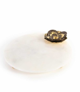 White Marble Round Tray With Brass Flower