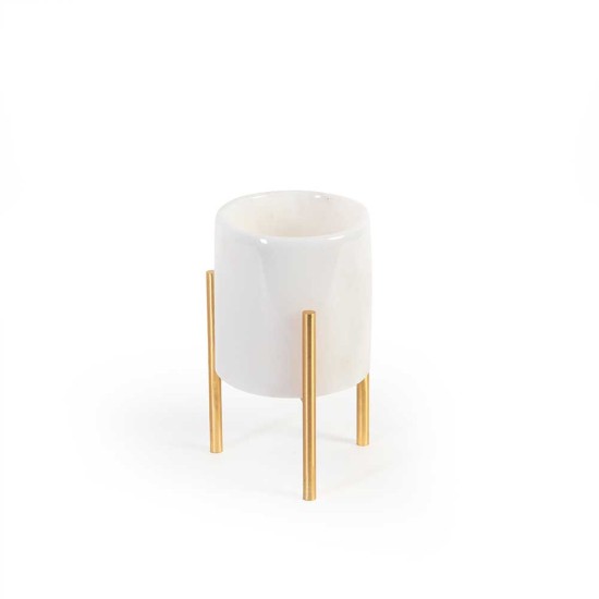 White Marble With Brass Flower Pot Small 